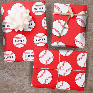 Baseball Ball Red Pattern Kids Name Birthday  Geschenkpapier Set