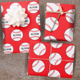 Baseball Ball Red Pattern Kinder Name Geburtstag Geschenkpapier Set