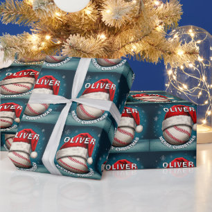 Baseball Ball Rote Santa-Mütze Name Weihnachten Geschenkpapier