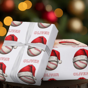 Baseball Ball Rote Santa-Mütze Name Weihnachten Geschenkpapier