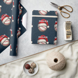 Baseball Ball Rote Santa-Mütze Name Weihnachten Geschenkpapier