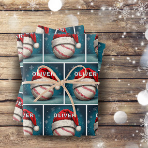 Baseball Ball Rote Santa-Mütze Name Weihnachten Geschenkpapier Set