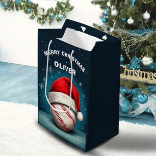 Baseball Ball Rote Santa Mütze Name Weihnachten  Mittlere Geschenktüte