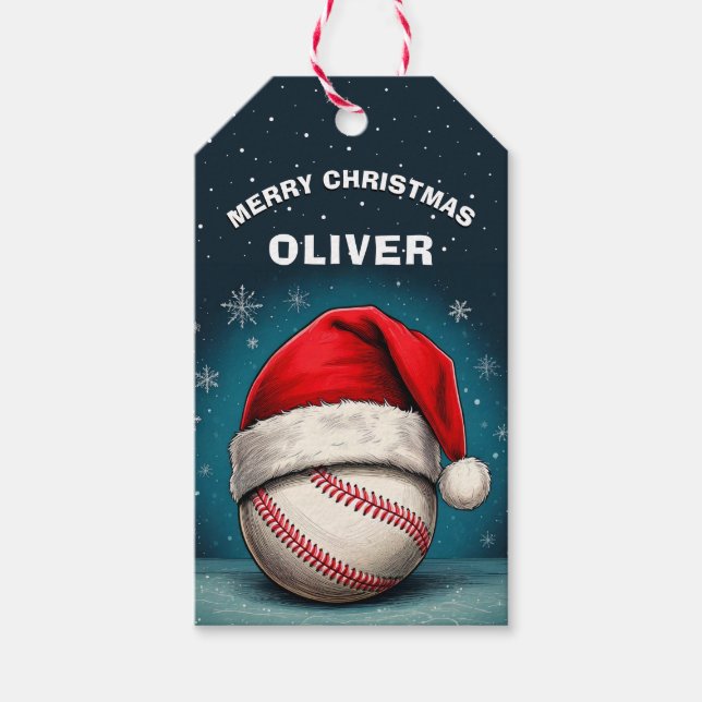 Baseball Ball Rote Weihnachtsmannmütze Name Weihna Geschenkanhänger (Vorderseite)