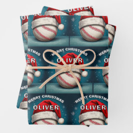Baseball Ball Rote Weihnachtsmannmütze Name Weihna Geschenkpapier Set