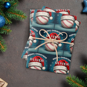 Baseball Ball Roter Weihnachtsmannhut Name Weihnac Geschenkpapier Set