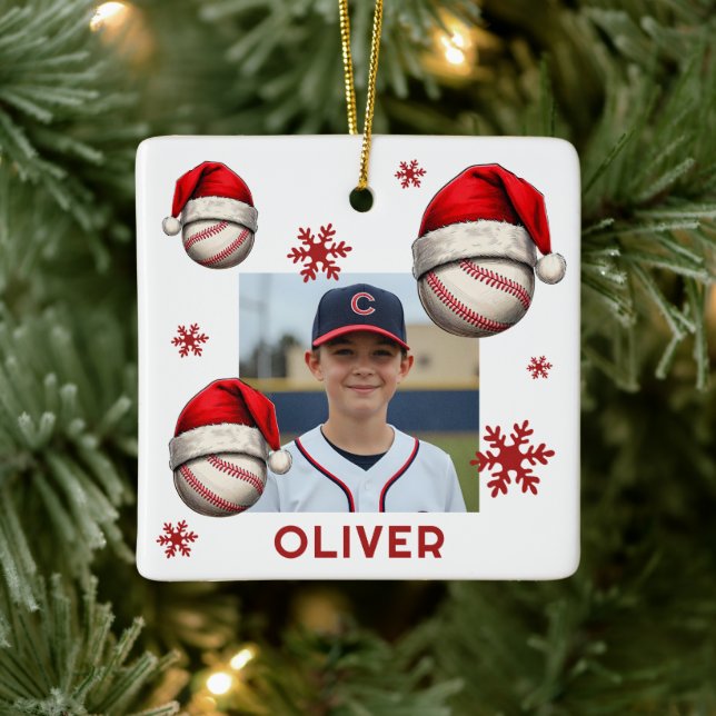 Baseball Ball Santa Hat Name Photo Christmas  Keramikornament (Baum)