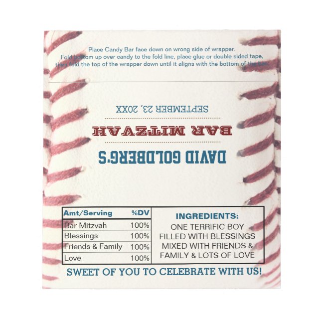 Baseball Bar Mitzvah Chocolate Candy Wrappers Notizblock (Vorderseite)
