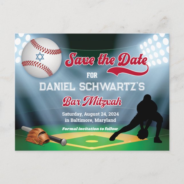 Baseball Bar Mitzvah Save the Date Postcard Postkarte (Vorderseite)