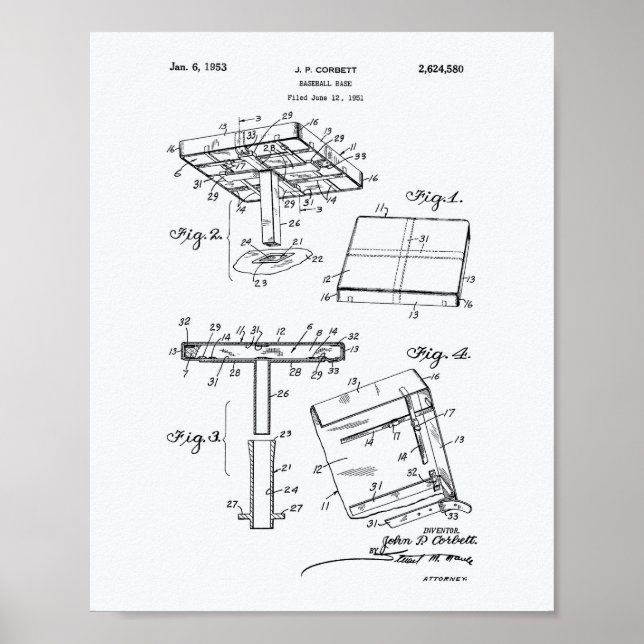 Baseball Base 1953 Patent Kunst Weißpapier Poster (Vorne)