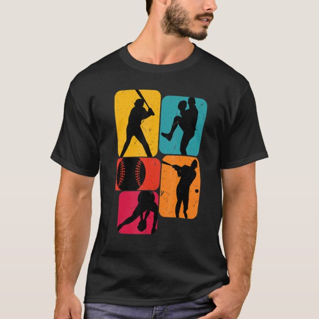 Baseball-Baseball-Player Retro-Design T-Shirt (Vorderseite)