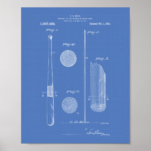 Baseball Bat 1921 Patentart - Blueprint Poster