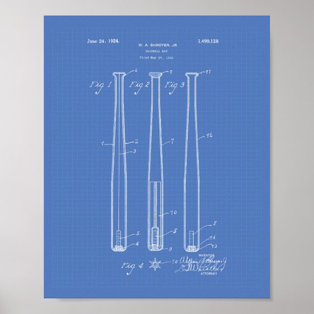 Baseball Bat 1924 Patentart - Blueprint Poster (Vorne)