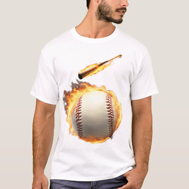 Baseball-Bat-Flammen Cooler Ball-Design T-Shirt (Vorderseite)