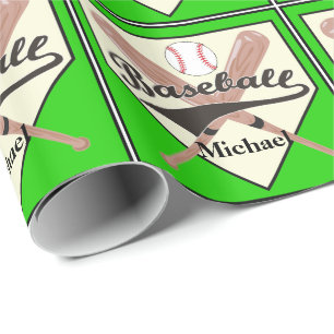 Baseball Bat und Ball Personalisiert grünes Gesche Geschenkpapier