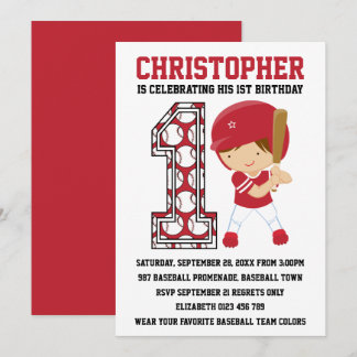 Baseball Batter Red White 1. Geburtstag Party Einladung