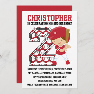 Baseball Batter Red White 2. Geburtstag Party Einladung