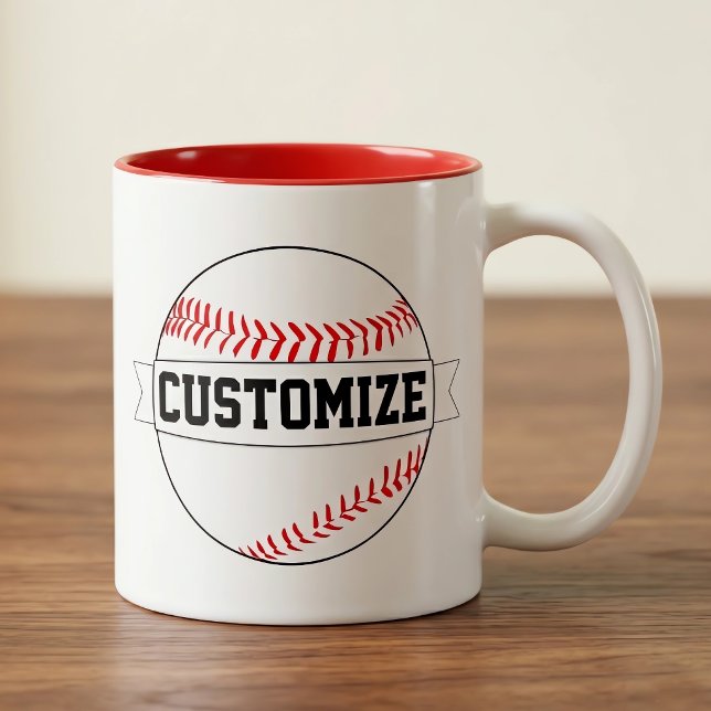 Baseball-benutzerdefinierten Teamname und Farbspor Zweifarbige Tasse (Customizable baseball coffee mug on wood desk. Great for baseball coaches, players and fans.)