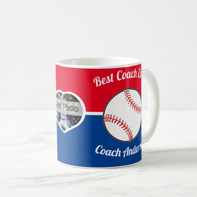 Baseball Best Coach je Foto Name Rot Blau Kaffeetasse (VorderseiteRechts)
