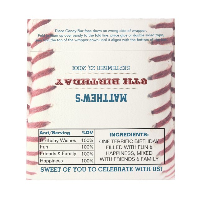 Baseball Birthday Favor Chocolate Candy Wrappers Notizblock (Vorderseite)