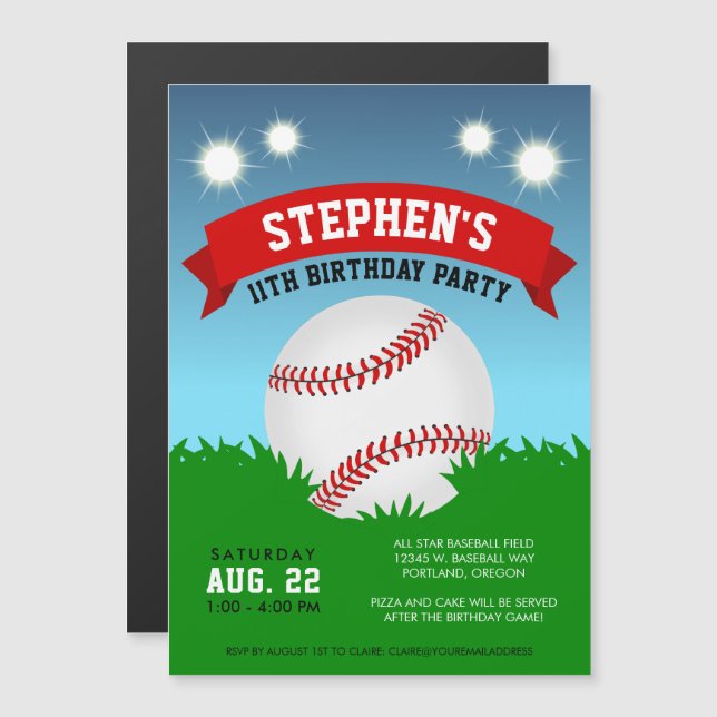 Baseball-Birthday-Party Magneteinladung (Vorne/Hinten)