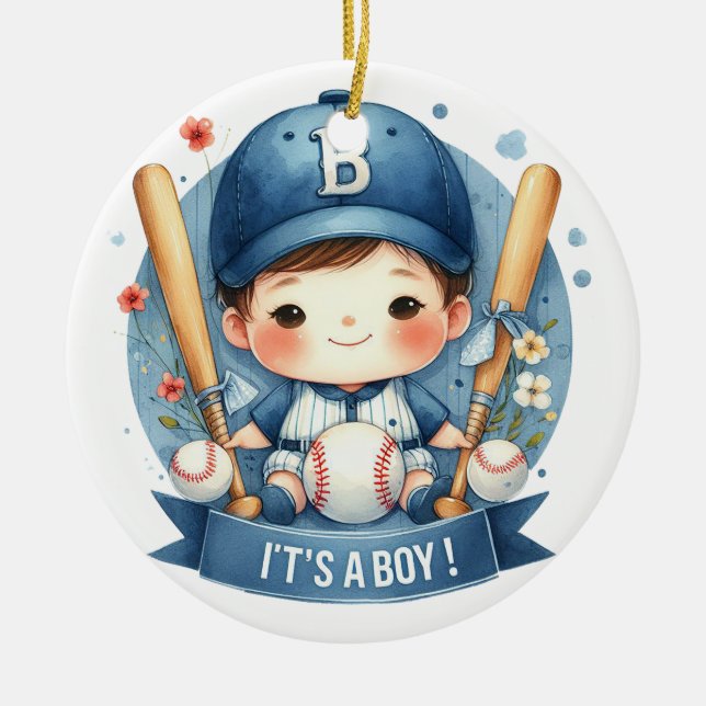 Baseball Bliss Baby Boy Ankündigung Kinderdusche Keramik Ornament (Vorne)