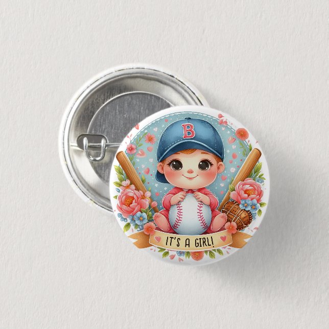 Baseball Bliss Baby Girl Ankündigung Floral Baby Button (Vorne & Hinten)