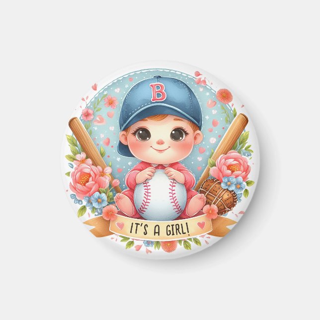 Baseball Bliss Baby Girl Ankündigung Floral Baby Magnet (Vorne)