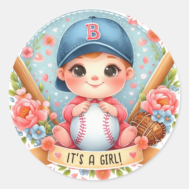 Baseball Bliss Baby Girl Ankündigung Floral Baby Runder Aufkleber (Vorderseite)