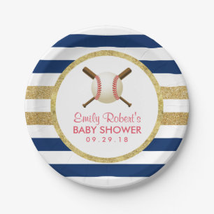 Baseball Boy Navy Blue & Gold Stripes Baby Dusche Pappteller
