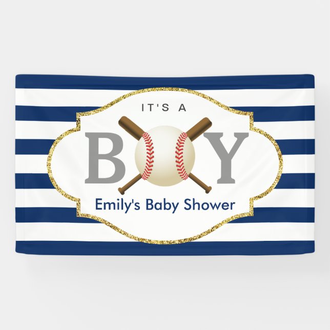 Baseball Boy Navy Blue Stripes Baby Dusche Banner (Horizontal)