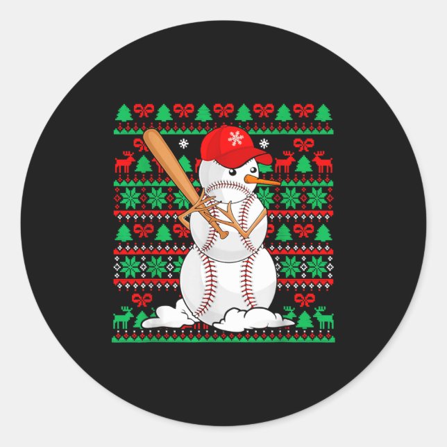 Baseball Boys Men Christmas Snowman Players Ugly X Runder Aufkleber (Vorderseite)