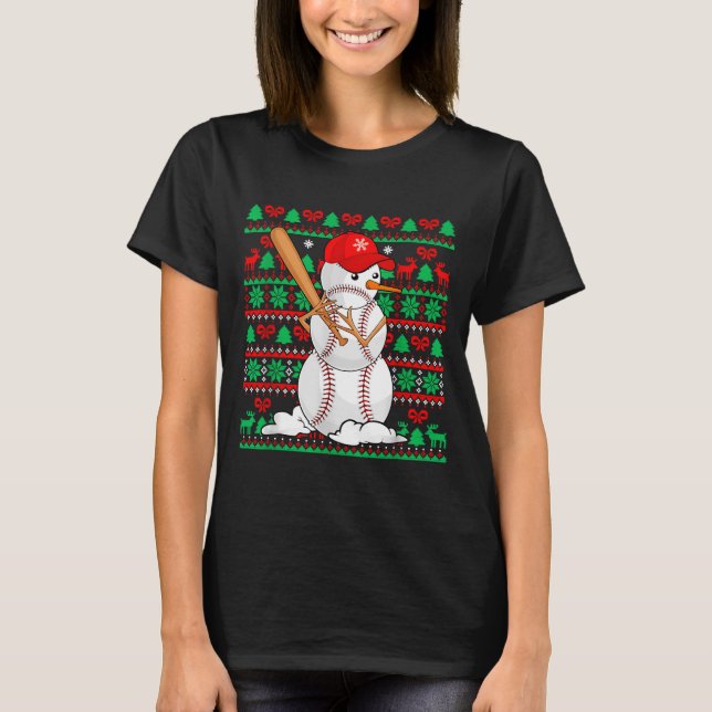 Baseball Boys Men Christmas Snowman Players Ugly X T-Shirt (Vorderseite)