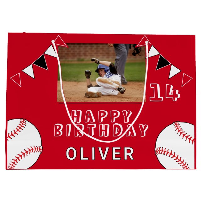 Baseball Bunting Flags Rotes Foto Geburtstag Große Geschenktüte (Rückseite)