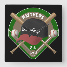 Baseball Cap Bats Diamond Personalisierte Namensnu Quadratische Wanduhr