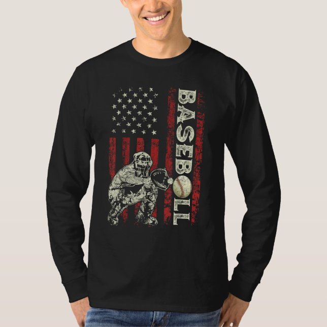 Baseball Catcher US Flag  Dad Men Patriotic 4th Of T-Shirt (Vorderseite)