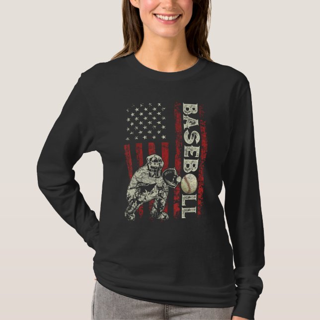 Baseball Catcher US Flag  Dad Men Patriotic 4th Of T-Shirt (Vorderseite)