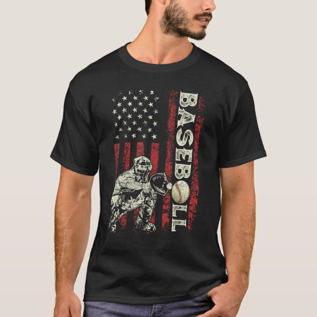 Baseball Catcher US Flag  Dad Men Patriotic 4th Of T-Shirt (Vorderseite)
