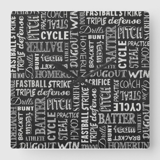 Baseball-Chalkboard-Bedingungen Quadratische Wanduhr (Vorderseite)