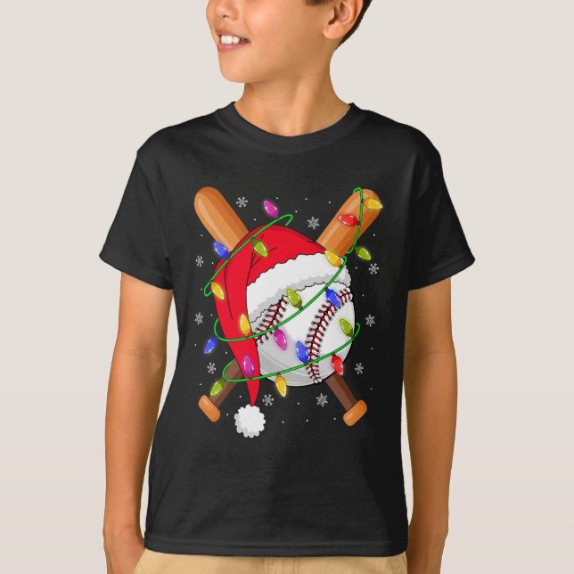 Baseball Christmas Lights Santa Hat Baseball Playe T-Shirt (Vorderseite)