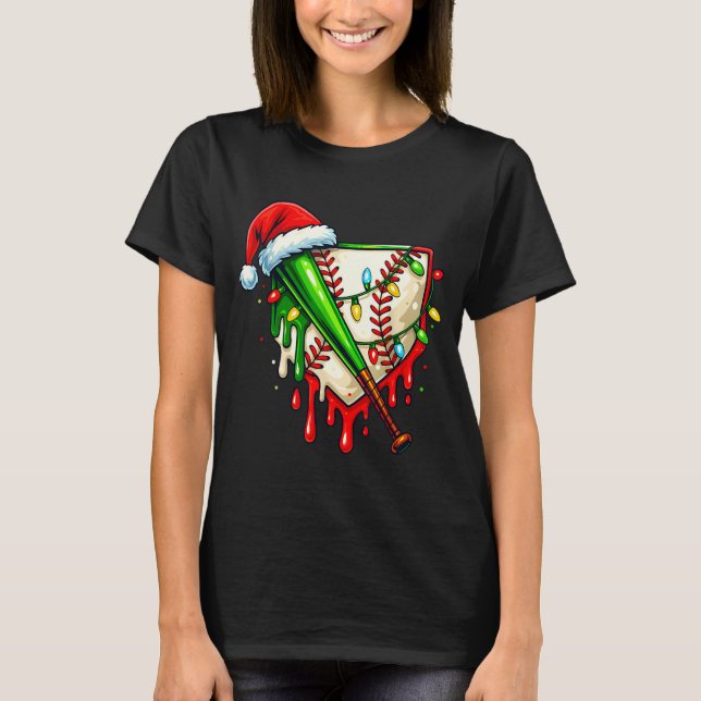Baseball Christmas Santa Hat Dripng Ice Cream Xmas T-Shirt (Vorderseite)