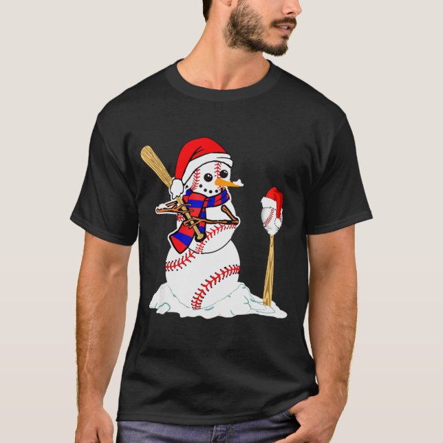 Baseball Christmas Snowman Playing Baseball  T-Shirt (Vorderseite)