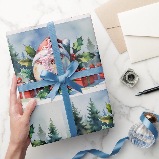 Baseball Christmas themed with Santa Hat  Geschenkpapier (Schenken)