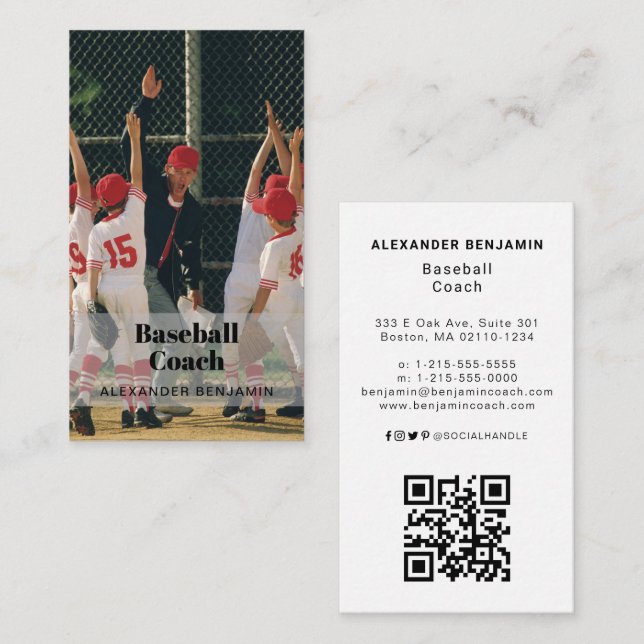 Baseball Coach Foto QR Code Business Card Visitenkarte (Vorne/Hinten)