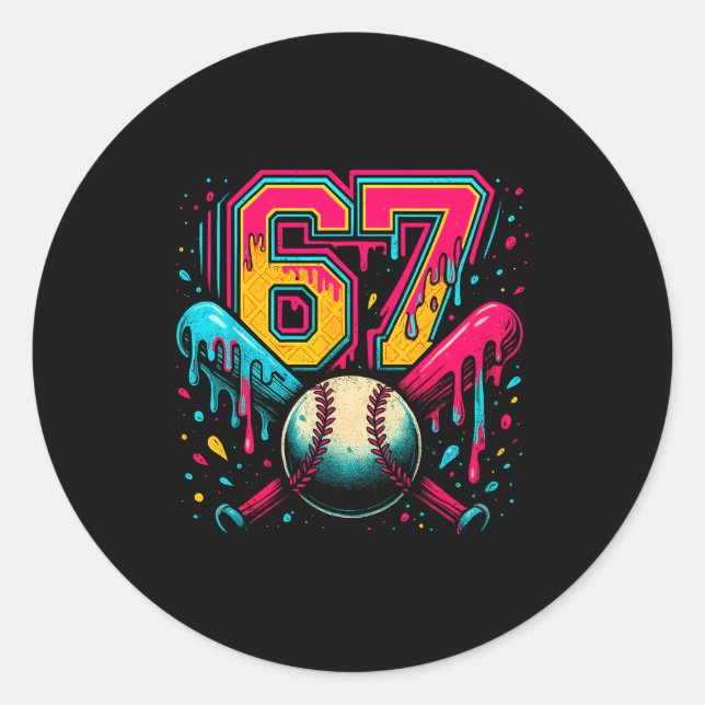 Baseball Drip 6 7 Nummer 67 Sechs Sieben Meme Herr Runder Aufkleber (Vorderseite)