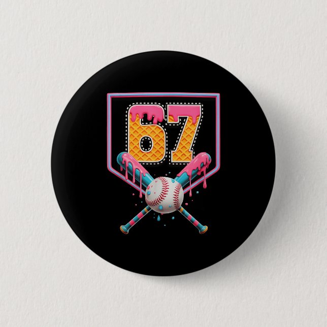 Baseball Drip Number 67 Fun Six Seven 6 7 Meme Des Button (Vorderseite)