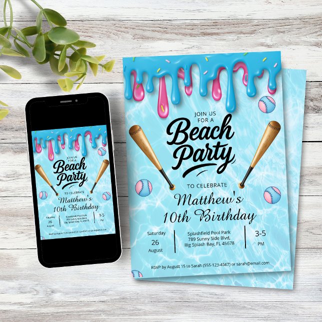 Baseball-Drip-Strandparty Kinder / Jugendliche Einladung (Baseball Drip Birthday Beach Party Invitation
)