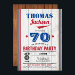 Baseball-Einladung zum 70. Geburtstag. Rustikales  Einladung<br><div class="desc">Jedes Alter - Sie können die Zahl nach Belieben ändern. Sie können den Text-Schwanz verschieben und verändern,  um ihn Ihrem Namen anzupassen. Rustikaler Holzfußboden für eine schicke und dennoch elegante Einladung für Erwachsene oder Kinder. Rot und Blau.</div>