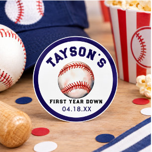 Baseball Erster Jahr Down 1. Geburtstag Runder Aufkleber