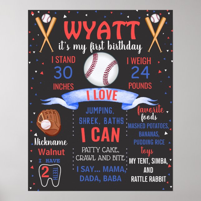 Baseball First Birthday Chalkboard-Zeichen Poster (Vorne)